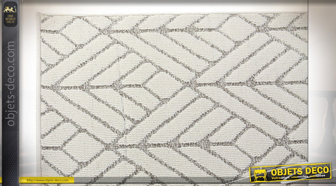 Grand tapis rectangulaire en polyester finition blanc crème et gris ambiance moderne, 290cm