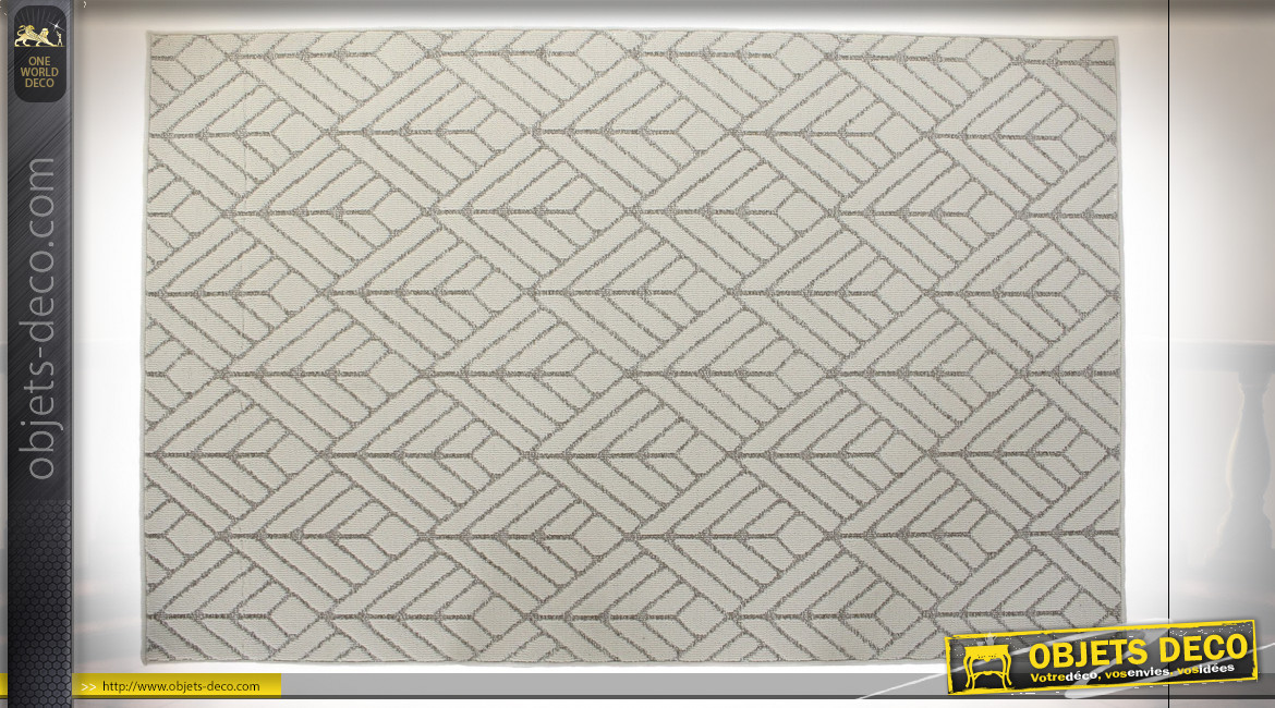 Grand tapis rectangulaire en polyester finition blanc crème et gris ambiance moderne, 290cm