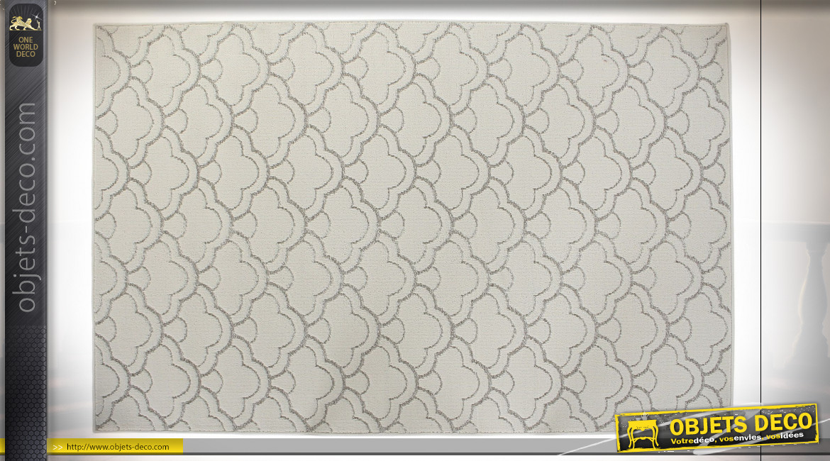 Tapis rectangulaire motifs géométriques finition gris clair et blanc crème ambiance contemporaine, 290cm