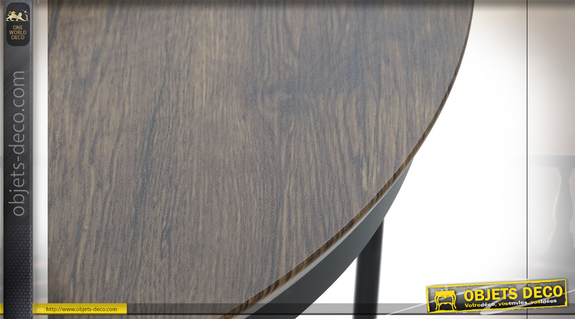 Table basse en métal noir et plateau en bois finition brun foncé ambiance contemporaine, Ø78cm