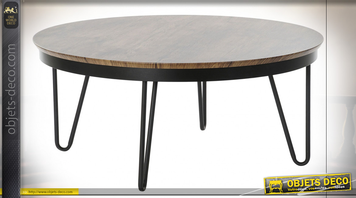 Table basse en métal noir et plateau en bois finition brun foncé ambiance contemporaine, Ø78cm