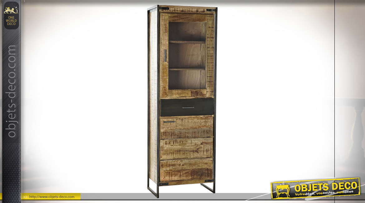 Vitrine colonne en acier noir et bois de manguier massif finition naturelle de style rustique, 190cm