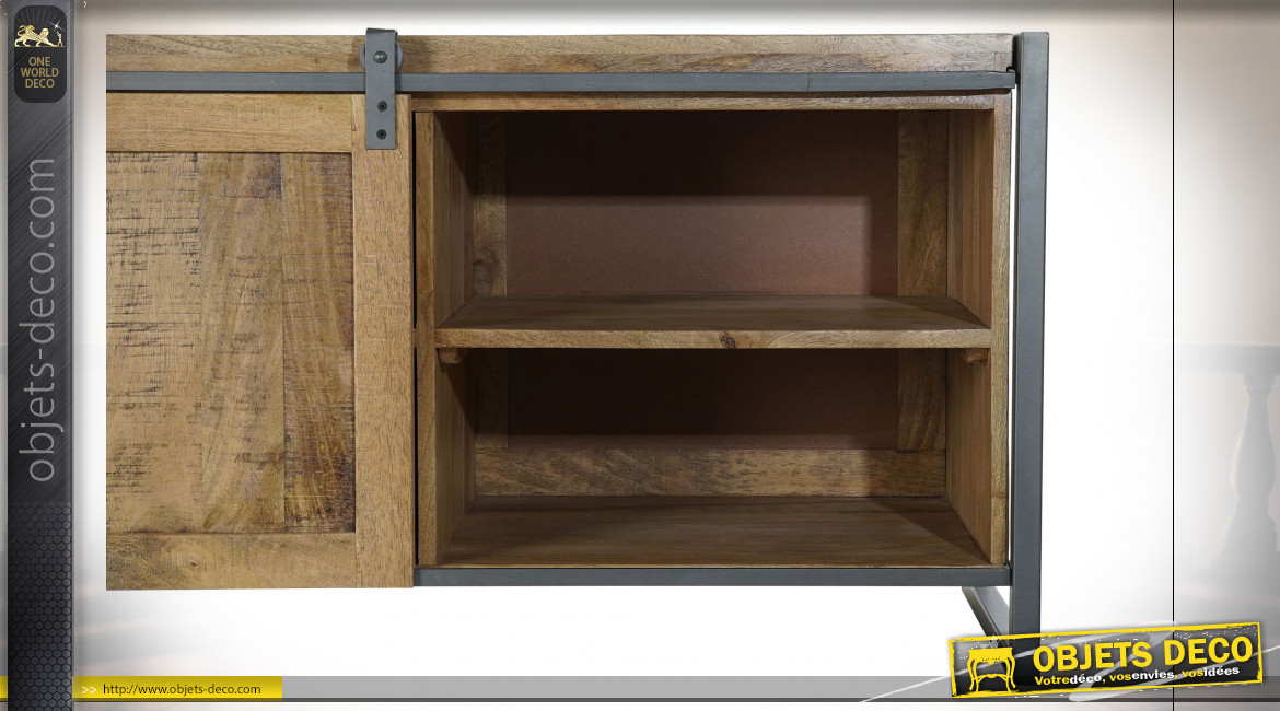 Meuble TV en bois de manguier finition naturelle et métal gris anthracite, 2 portes coulissantes de style rustico-indus, 161cm