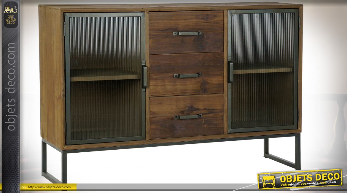 Buffet à 2 portes en verre ondulé et bois finition brun foncé ambiance industrielle rustique, 120cm