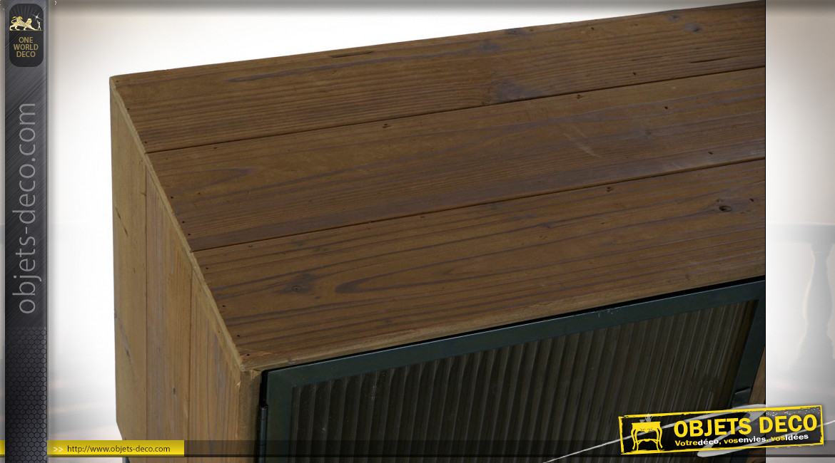 Meuble TV 2 portes en verre ondulé et bois finition naturelle vieillie ambiance atelier rustique, 140cm