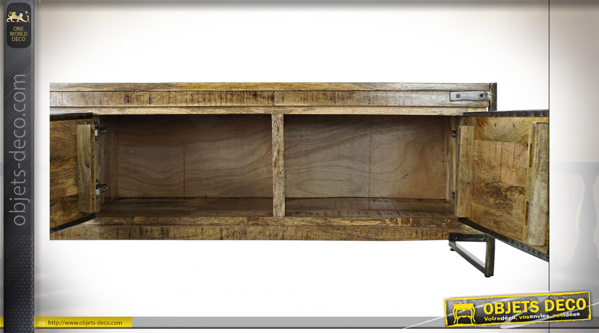 Meuble TV en bois de manguier finition naturelle vieillie ambiance industrielle rustique, 160cm