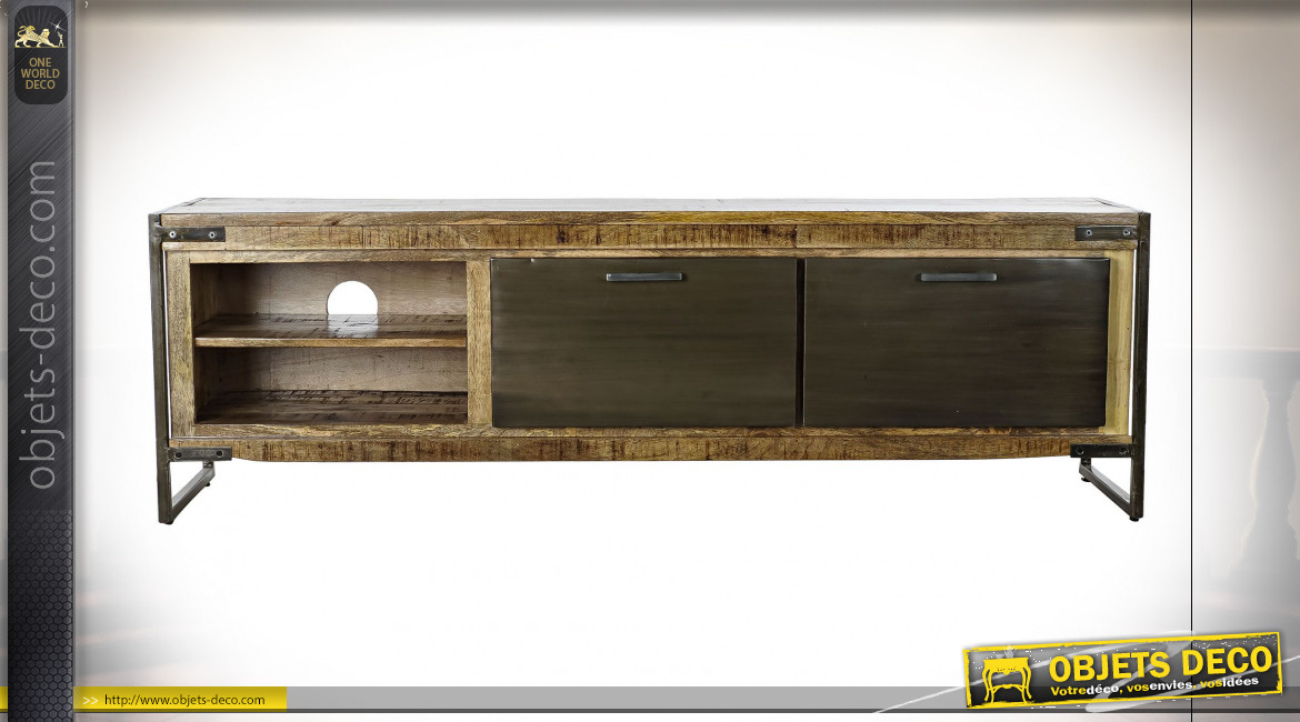 Meuble TV en bois de manguier finition naturelle vieillie ambiance industrielle rustique, 160cm