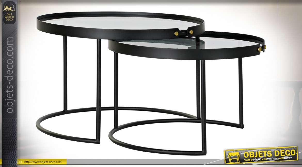 Série de 2 tables d'appoint gigognes en métal noir et plateaux en verre teinté de style moderne, Ø66cm
