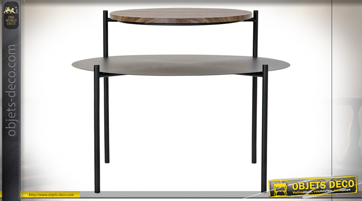 Table d'appoint à 2 niveaux en bois et métal noir de style contemporain, 70cm