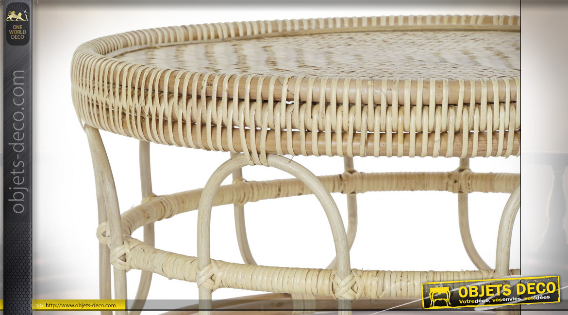 Table basse en rotin et bambou finition naturelle de style tropical, Ø70cm