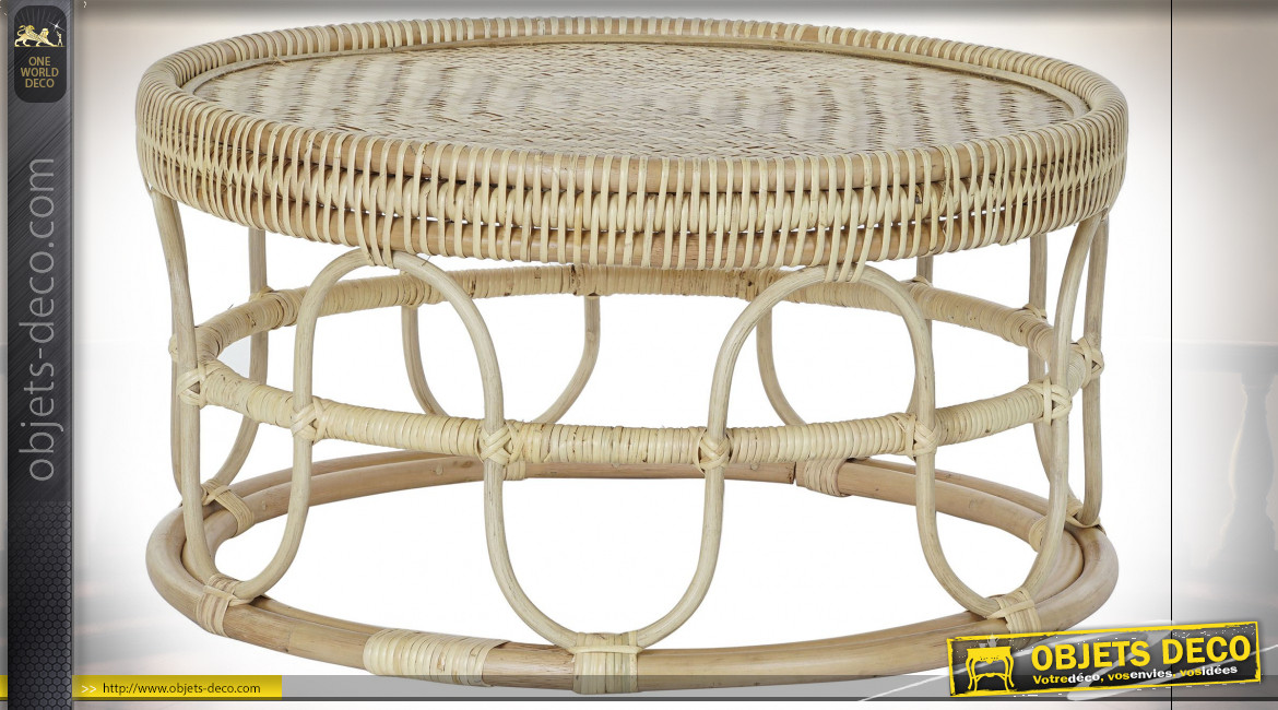 Table basse en rotin et bambou finition naturelle de style tropical, Ø70cm