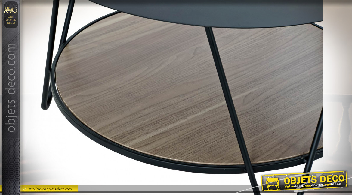 Table basse de style moderne en métal noir et bois finition brun foncé, Ø65cm