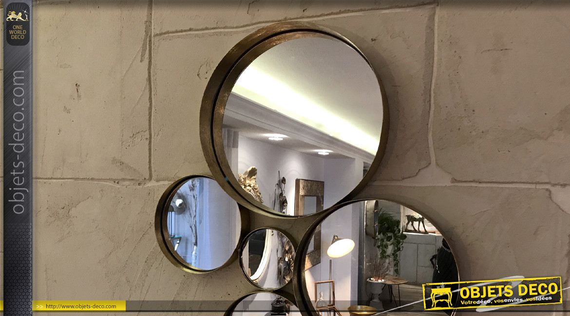 Grand miroir multi-ronds en métal finition doré effet ancien, ambiance moderne, 137cm