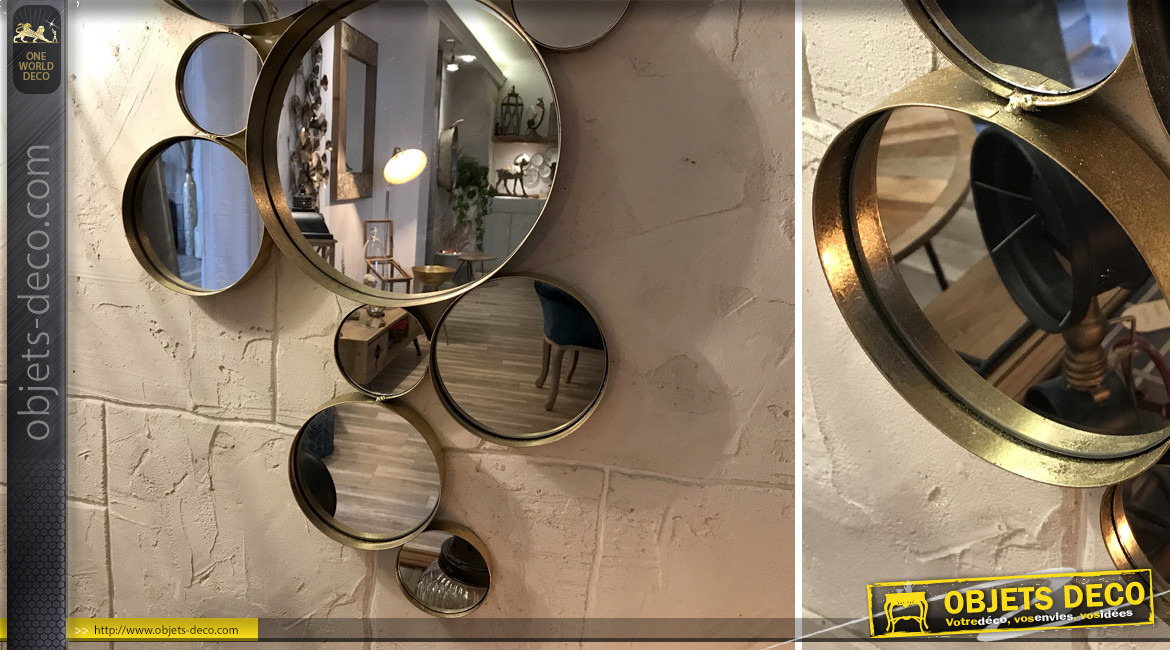 Grand miroir multi-ronds en métal finition doré effet ancien, ambiance moderne, 137cm