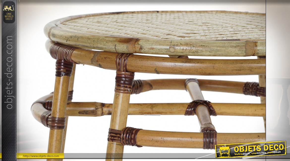Table d'appoint en rotin et bambou finition naturelle de style tropical, Ø60cm