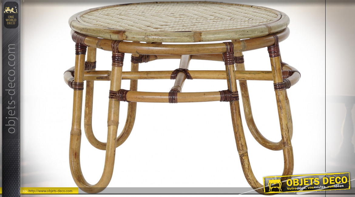 Table d'appoint en rotin et bambou finition naturelle de style tropical, Ø60cm