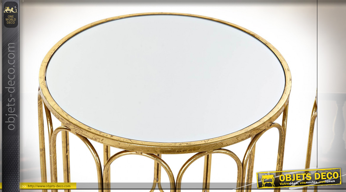 Série de 2 tables d'appoint en métal finition dorée et plateaux en miroir ambiance moderne chic, 51cm