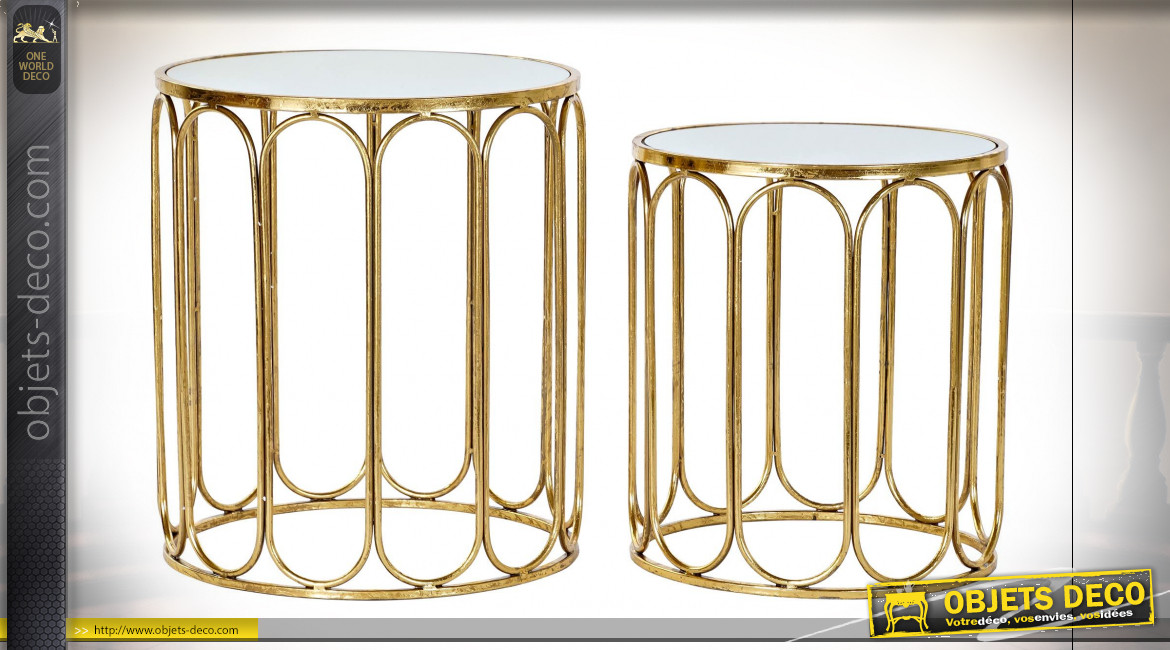 Série de 2 tables d'appoint en métal finition dorée et plateaux en miroir ambiance moderne chic, 51cm