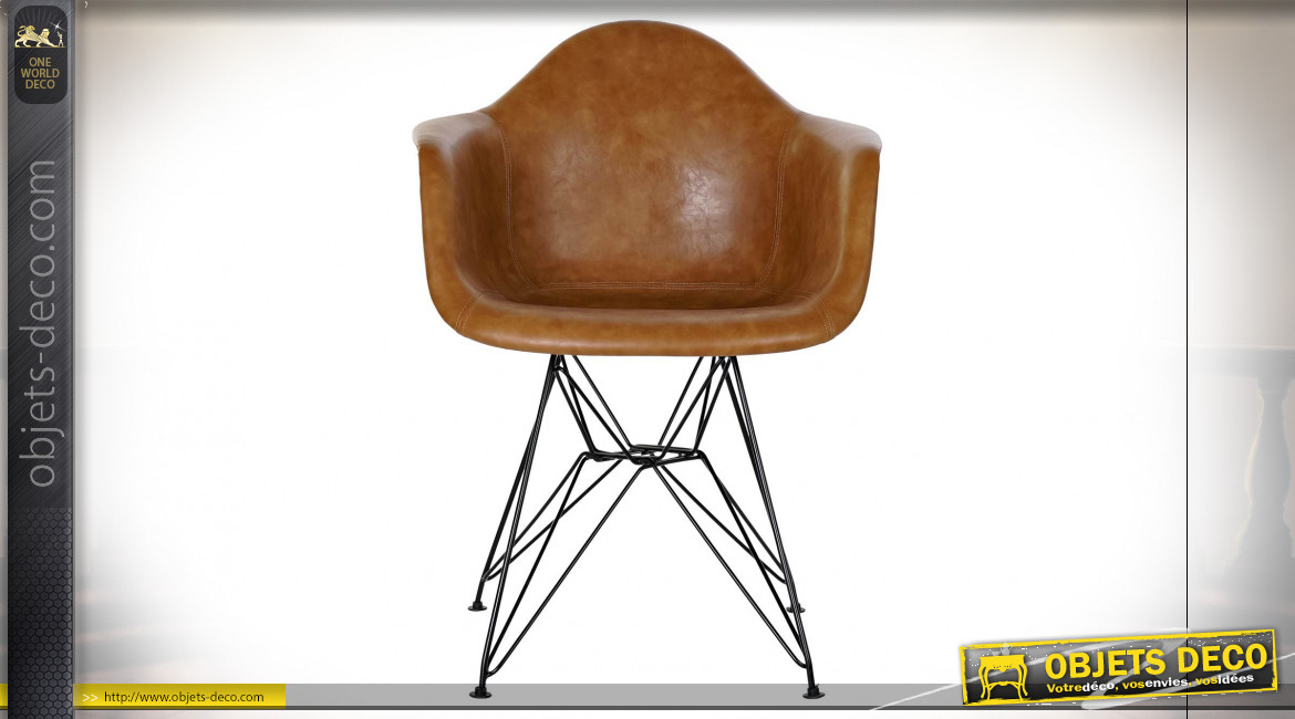 Chaise de style rétro imitation cuir finition brun caramel, pieds en métal noir, 84cm