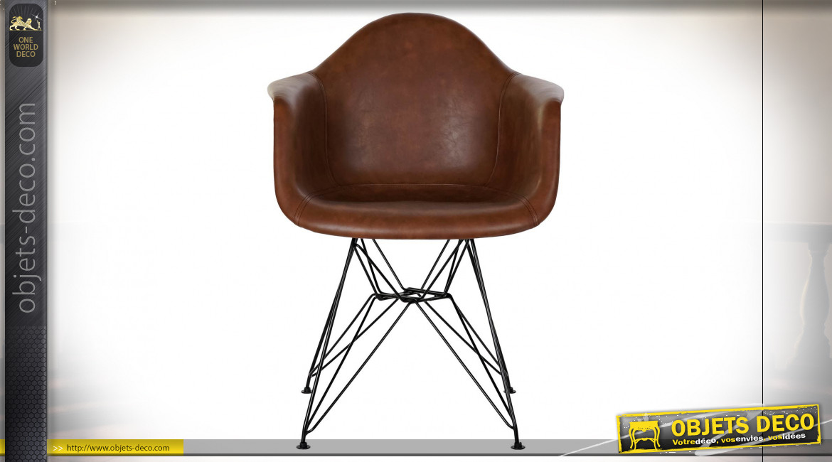 Chaise imitation cuir finition brun foncé et pieds en métal noir ambiance rétro, 84cm