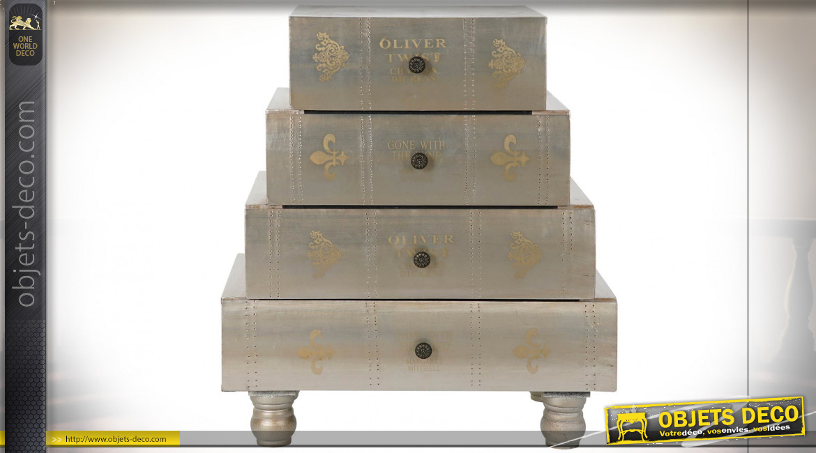 Meuble d'appoint en forme de livres anciens en bois finition argentée et écritures dorées ambiance classique, 56cm