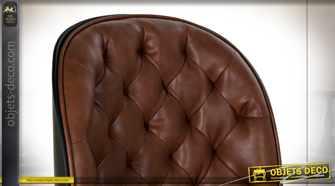 Chaise imitation cuir capitonné finition brun foncé, pieds en métal noir ambiance rétro, 86cm