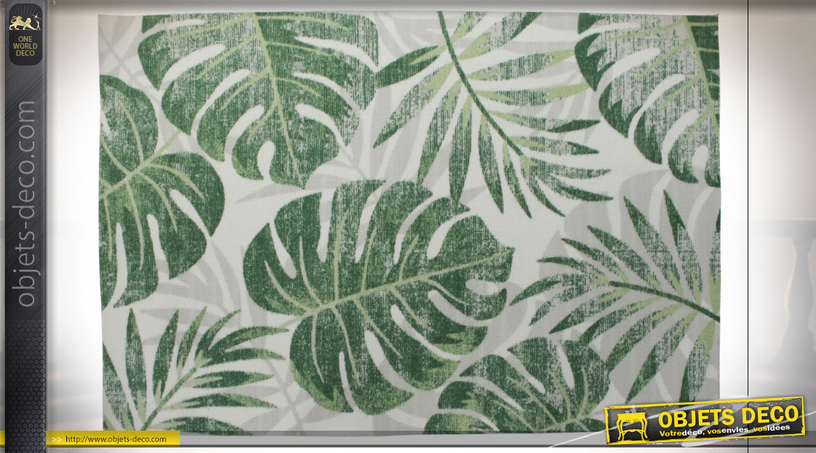 Grand tapis rectangulaire en polyester finition blanche et verte aux motifs de feuilles tropicales, 290cm
