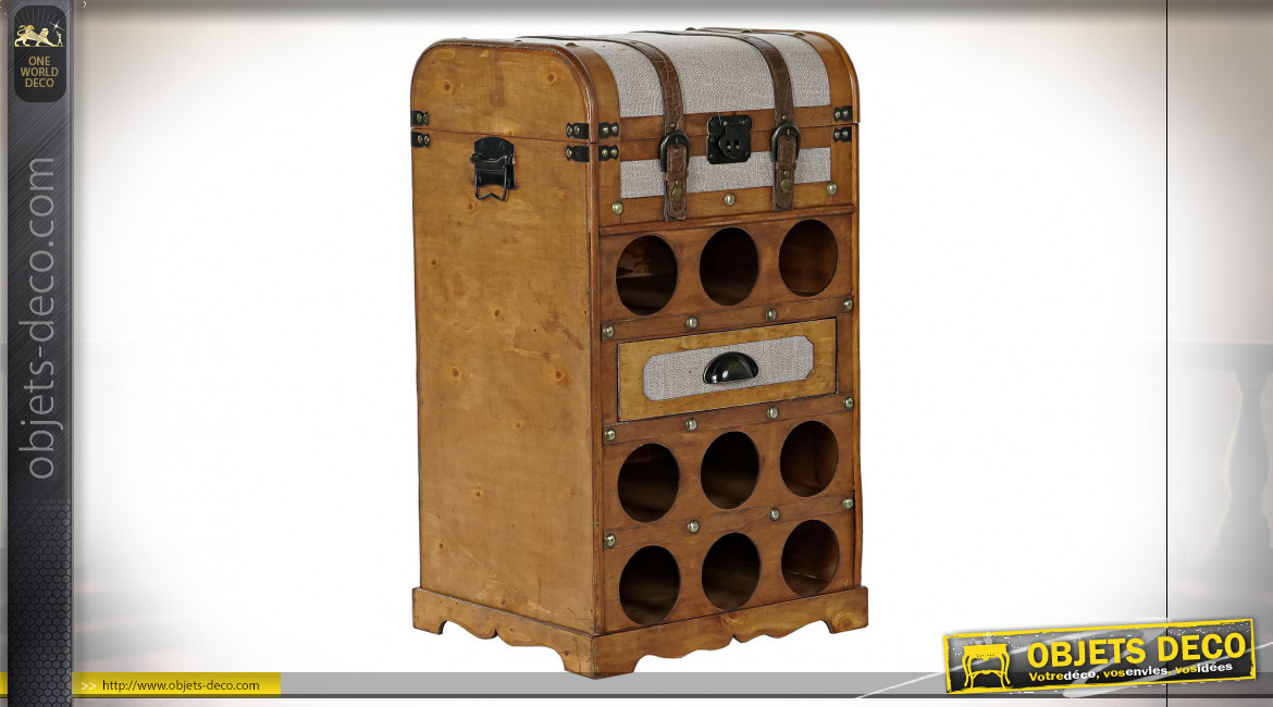Meuble d'appoint avec 9 casiers pour bouteilles en forme de vieille malle en bois de peuplier finition naturelle ambiance rétro,