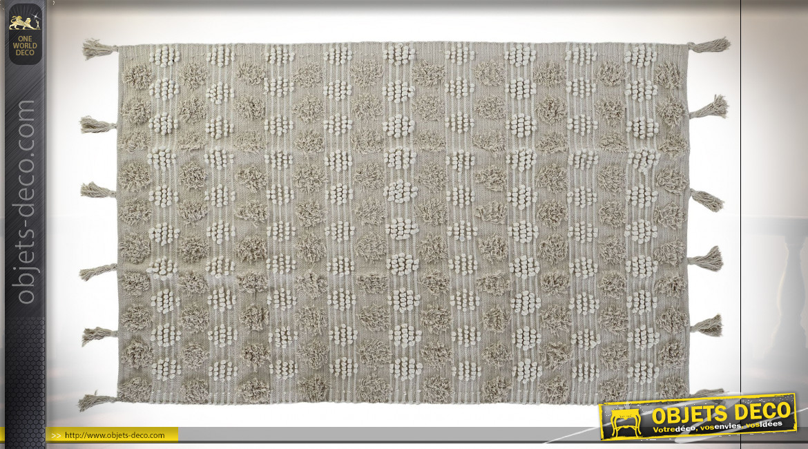 Tapis rectangulaire en coton finition grise et blanc crème ambiance Boho, 230cm