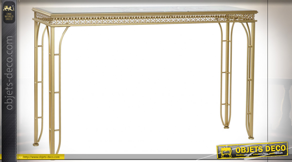 Console en métal finition dorée aux motifs de fleurs de lys, plateau en miroir de style contemporain, 120cm