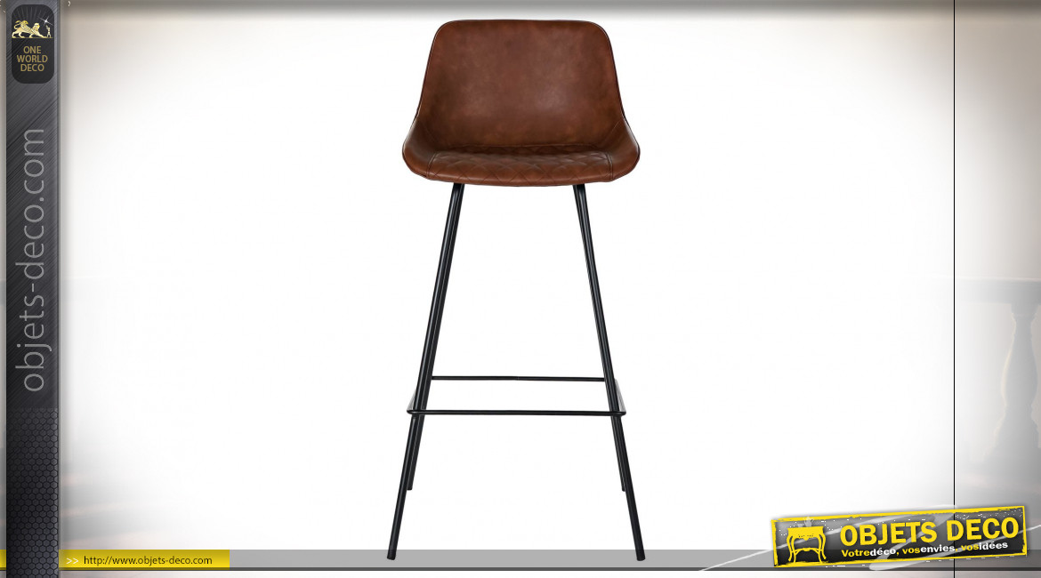 Chaise de bar imitiation cuir finition brun foncé de style rétro, pieds en métal noir, 101cm