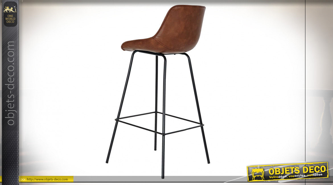 Chaise de bar imitiation cuir finition brun foncé de style rétro, pieds en métal noir, 101cm
