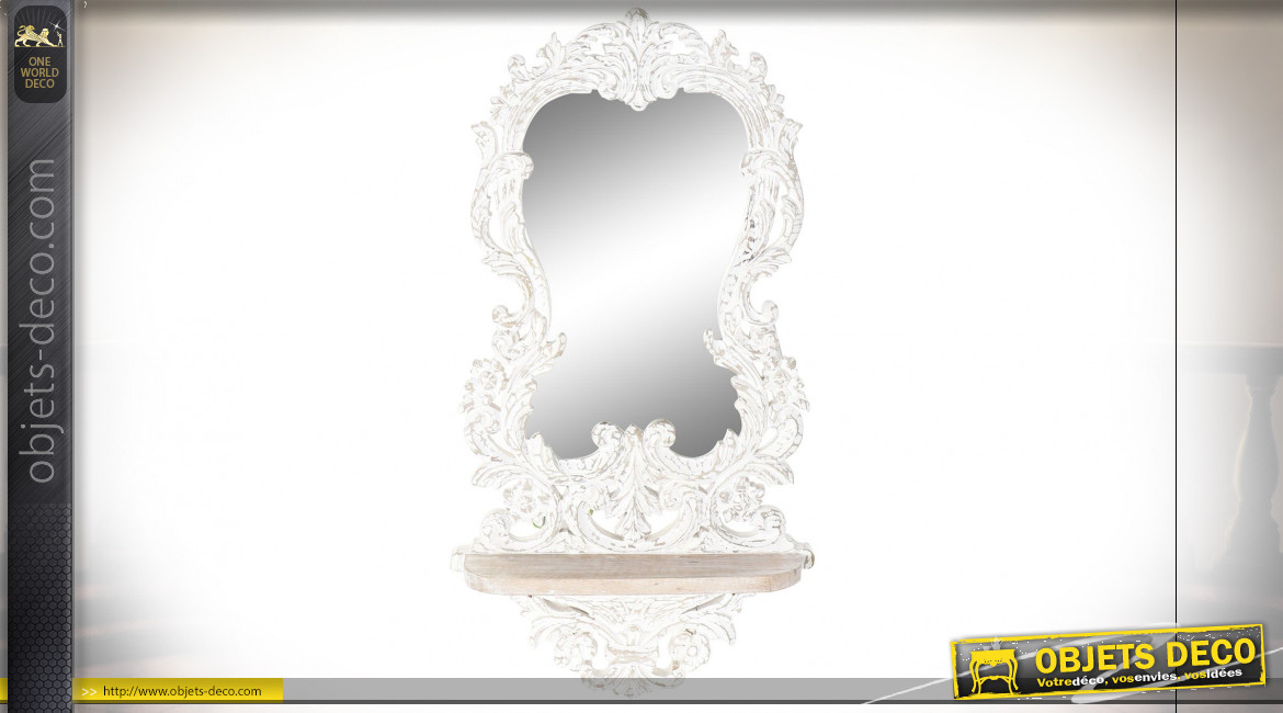 Miroir en bois de manguier sculpté finition blanche vieillie de style classique, 89cm