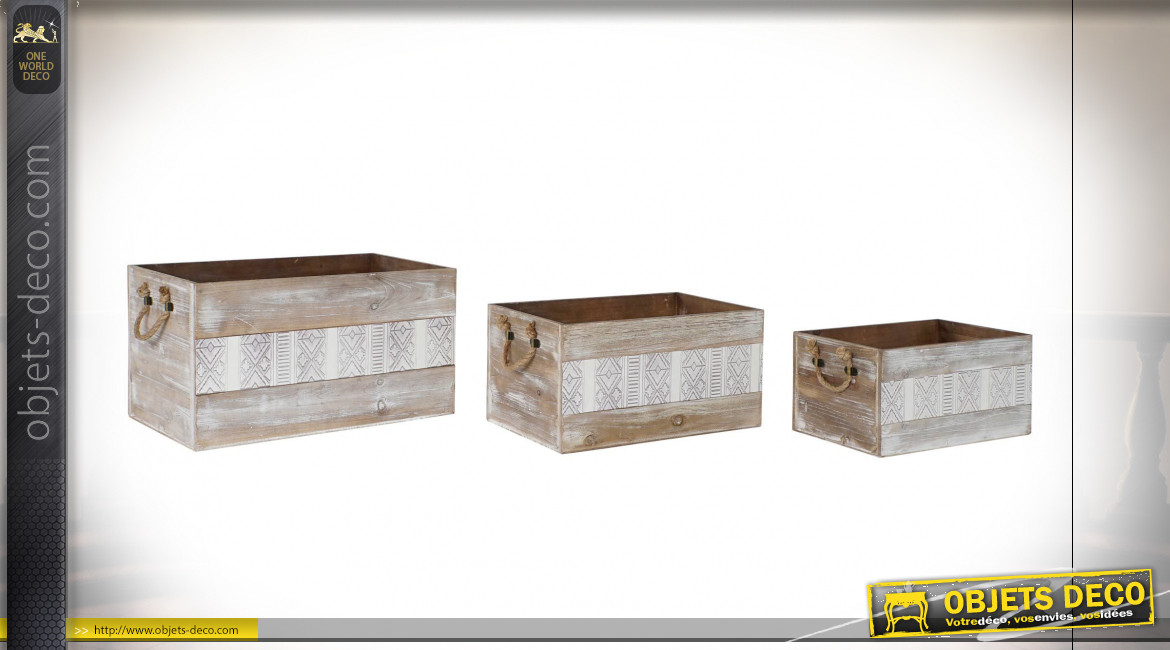 Série de 3 boîtes en bois finition naturelle blanchie et motifs géométriques de style Boho, 56cm