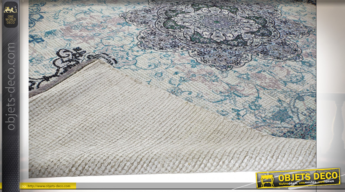 Tapis rectangulaire en polyester finition bleu ciel et blanc crème, motif mandala de style Indien, 230cm