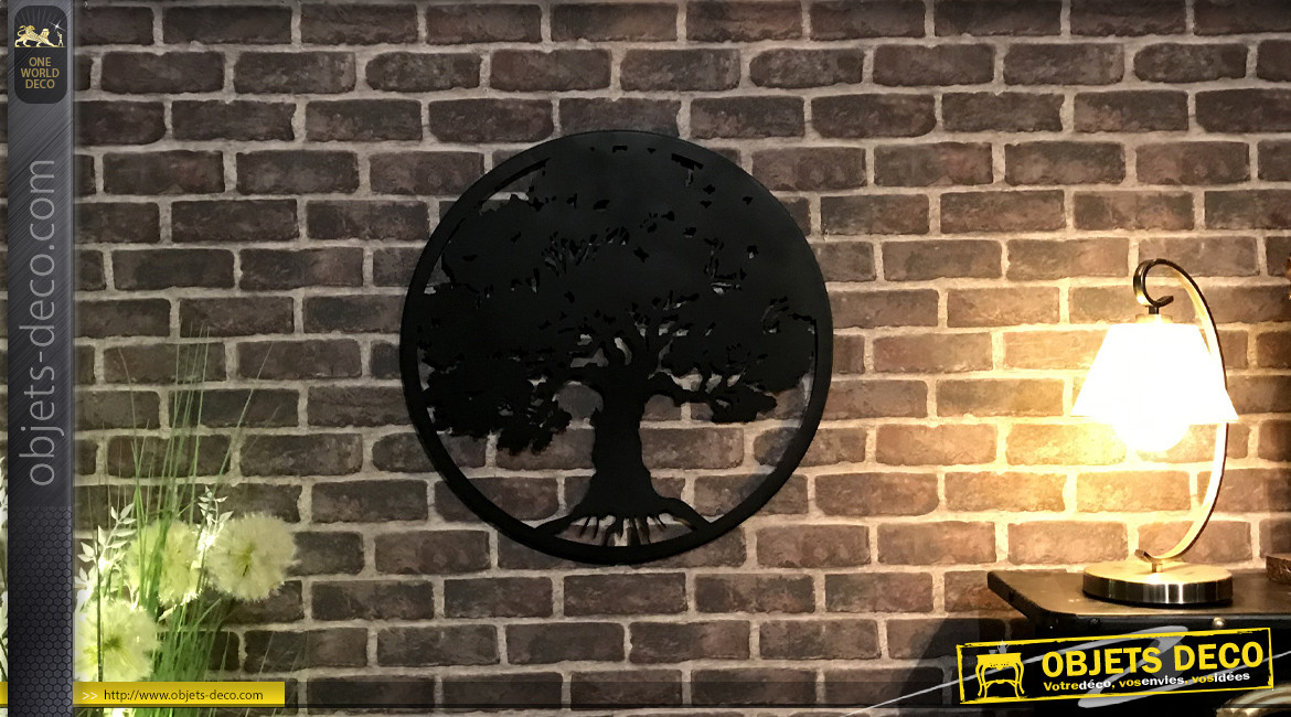 Baobab, décoration d'Arbre de la vie en forme de disque rond, en métal finition noir charbon, collection DMJ, Ø60cm