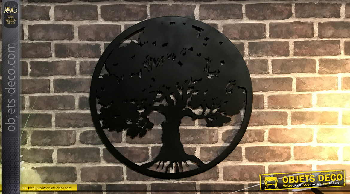 Baobab, décoration d'Arbre de la vie en forme de disque rond, en métal finition noir charbon, collection DMJ, Ø60cm