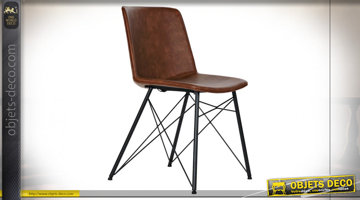 Chaise de style rétro en métal noir et imitation cuir finition brun foncé, 81cm