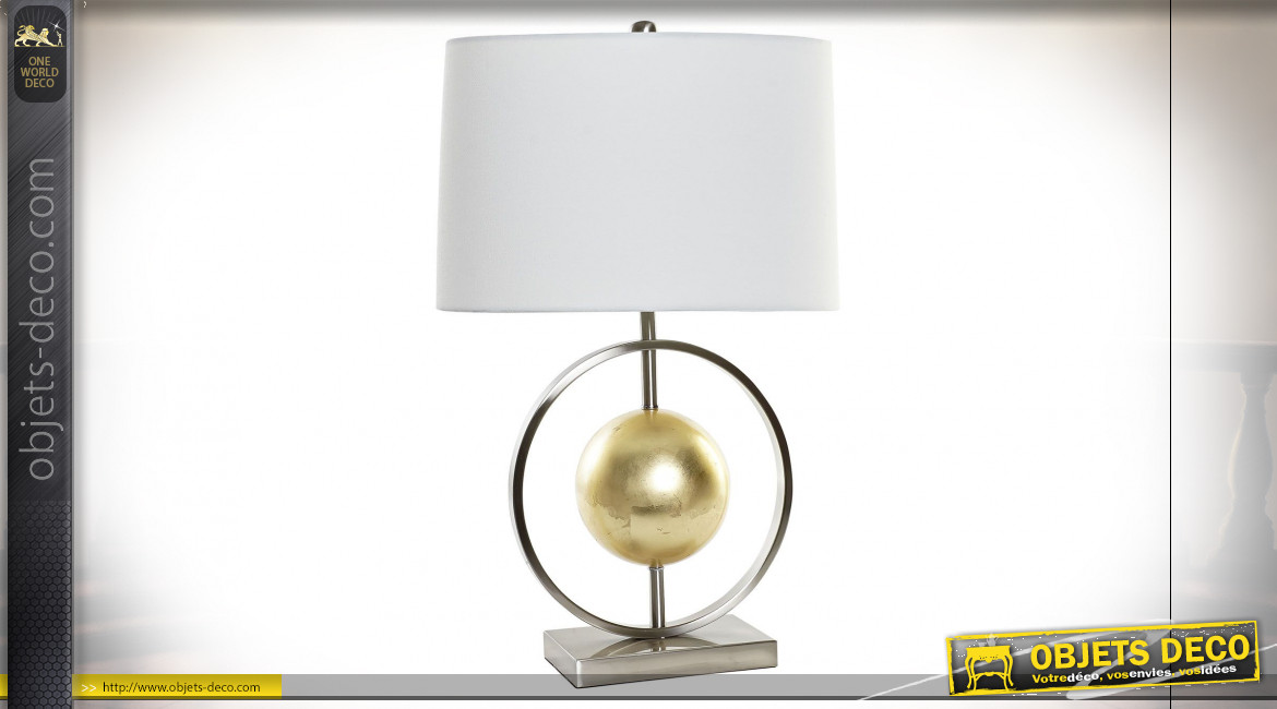 Lampe à poser en métal, pied sphérique finition dorée et argentée ambiance moderne design, 64cm