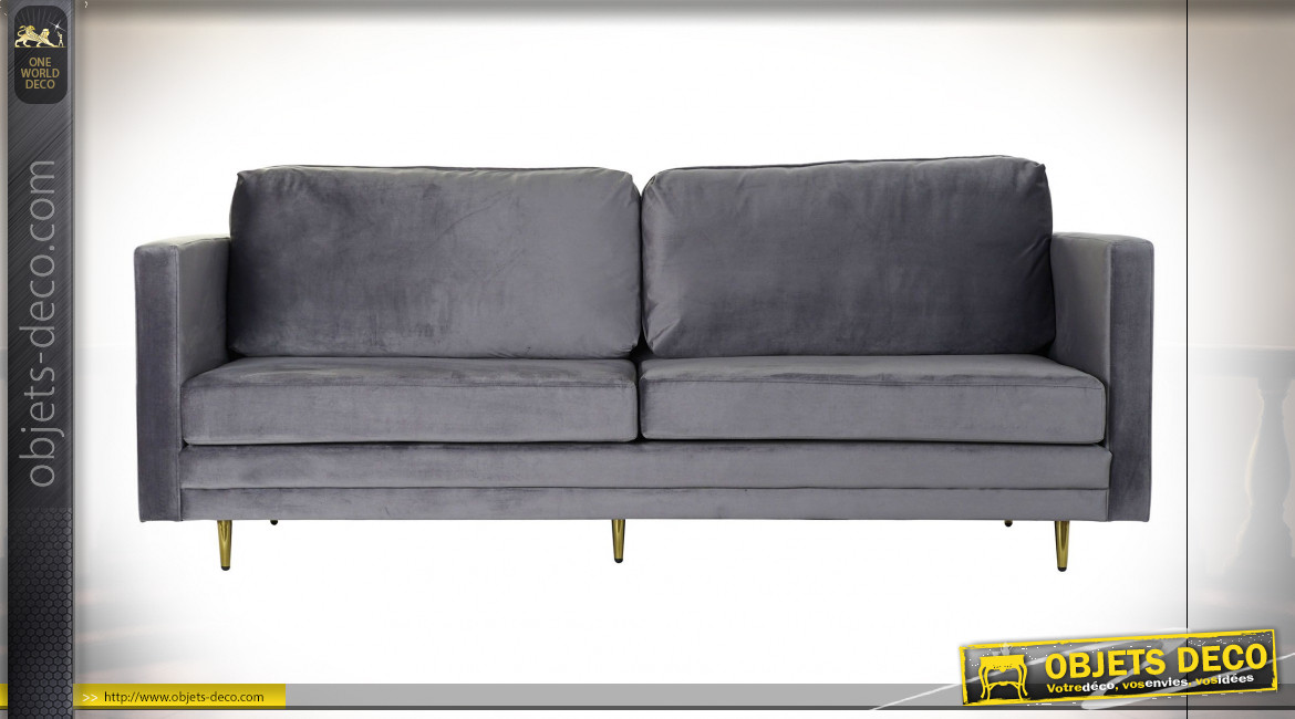 Canapé 3 places de style contemporain en polyester finition gris foncé et pieds en métal doré, 210cm