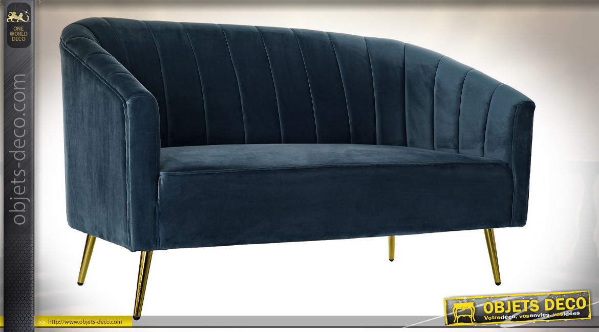 Canapé 2 places en métal doré et polyester effet velours finition bleu roi ambiance rétro, 140cm