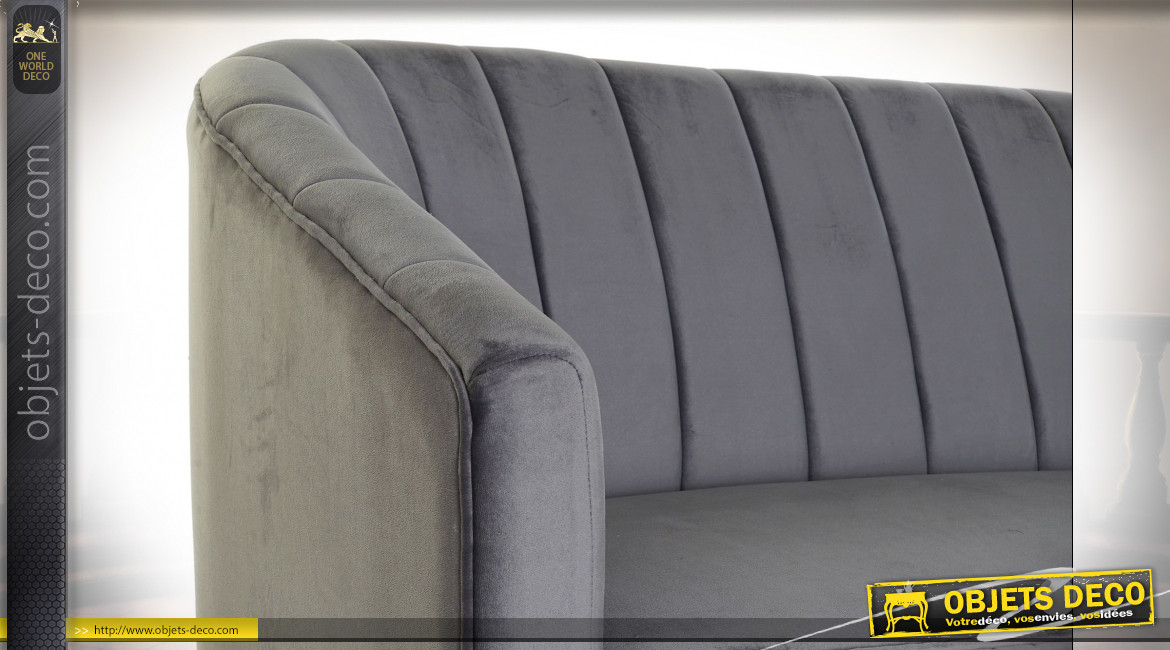 Canapé 2 places en polyester effet velours finition gris foncé et pieds en métal doré de style rétro, 140cm