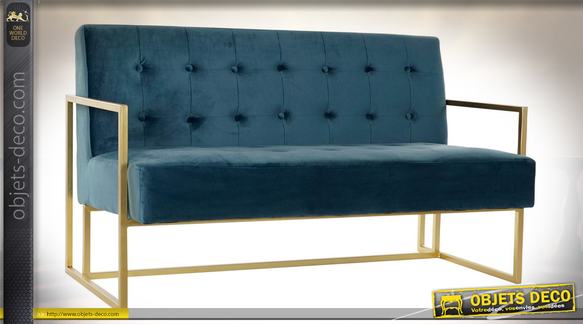 Canapé 2 personnes en polyester capitonné effet velours finition bleu roi et pieds en métal doré ambiance moderne chic, 128cm