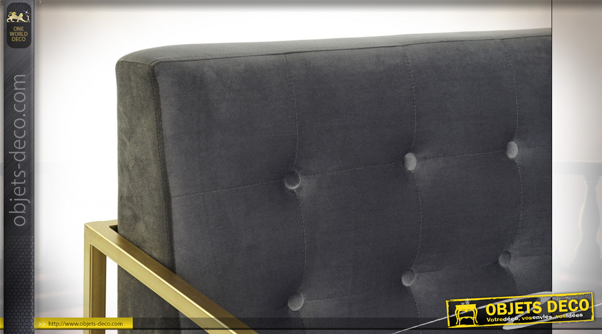 Canapé capitonné 2 places en polyester effet velours finition gris foncé et métal doré de style moderne, 128cm