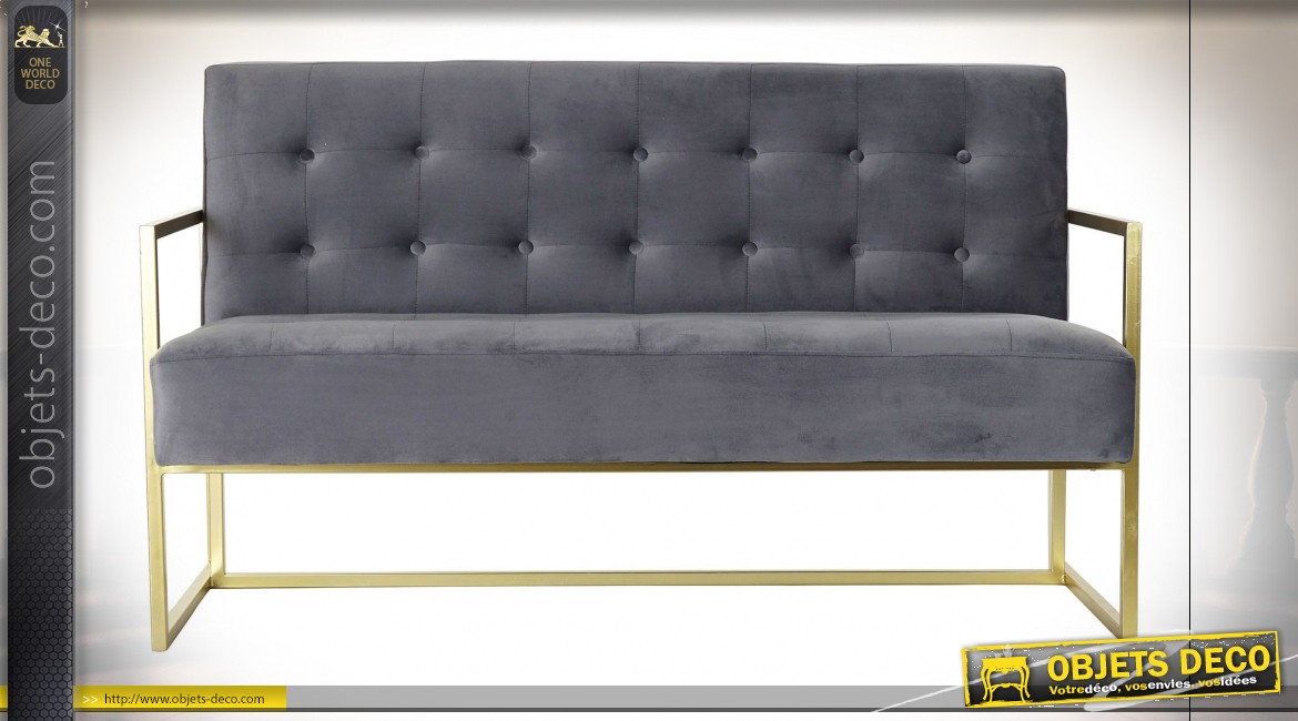 Canapé capitonné 2 places en polyester effet velours finition gris foncé et métal doré de style moderne, 128cm