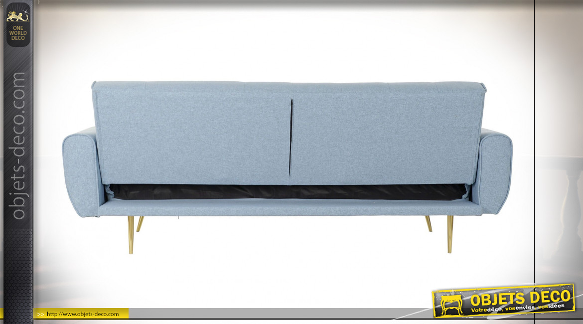 Canapé convertible 3 places en polyester capitonné finition bleu ciel et pieds en métal doré ambiance contemporaine, 213cm