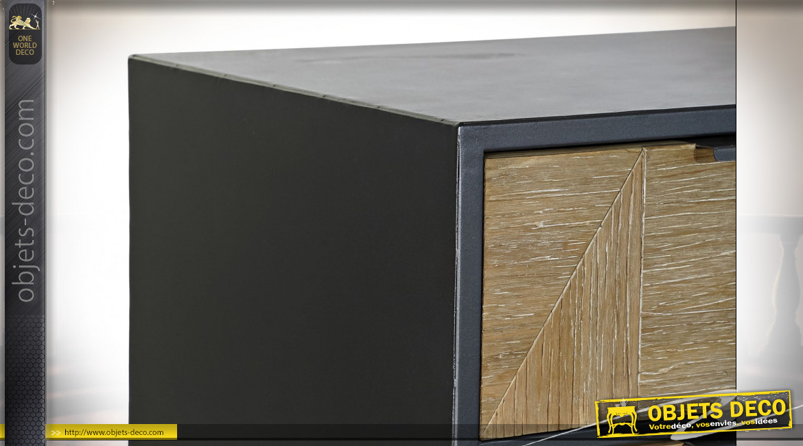 Commode 9 tiroirs en métal gris anthracite et bois de sapin finition naturelle ambiance atelier, 123cm