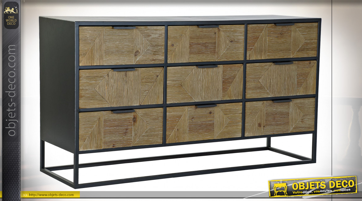 Commode 9 tiroirs en métal gris anthracite et bois de sapin finition naturelle ambiance atelier, 123cm