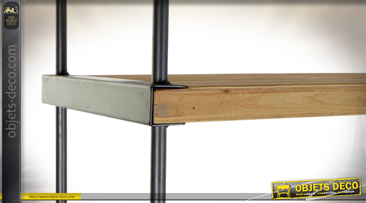 Étagère mobile en bois de sapin finition naturelle et métal gris de style industrielle, 186cm