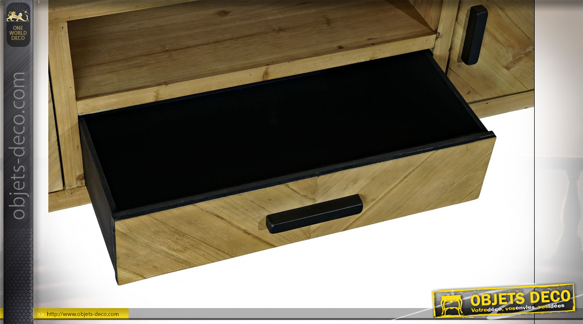 Meuble TV 2 portes, poignées et pieds en métal noir et bois de sapin finition naturelle ambiance chalet, 160